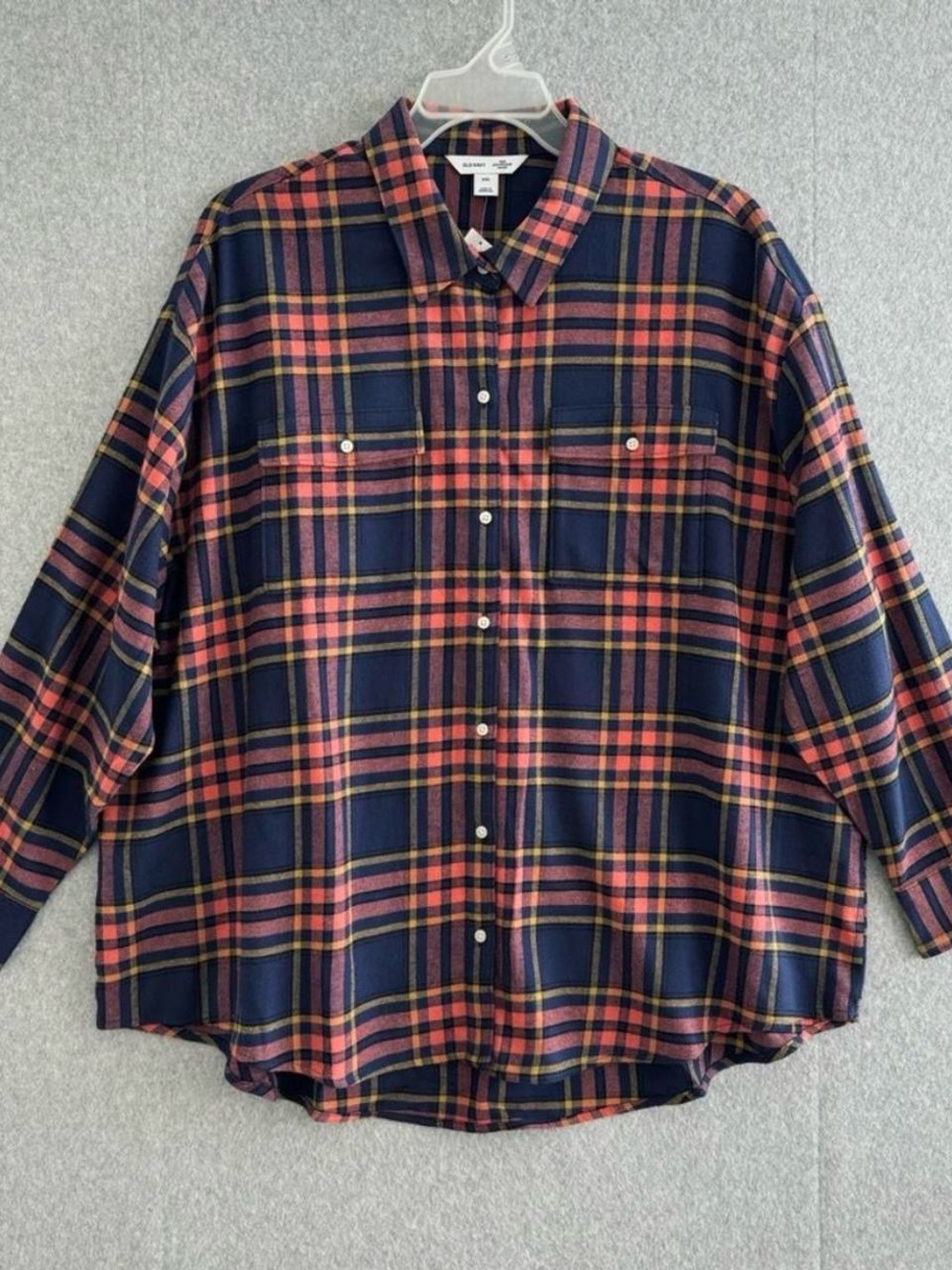 Old Navy Boyfriend Shirt Womens XXL Flannel Button Up Blue Orange Pink Plaid